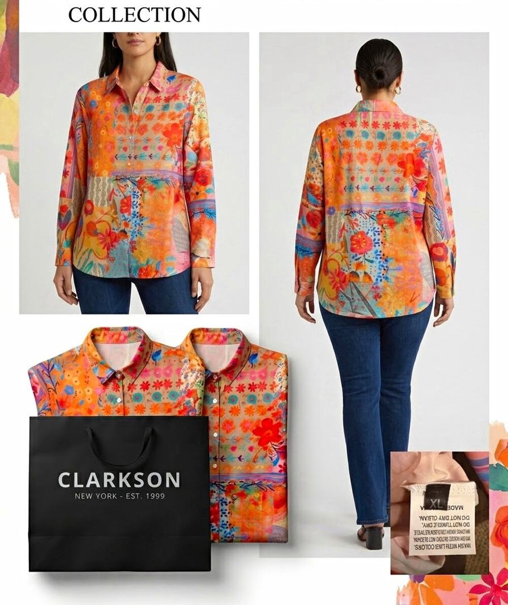 Clarkson Multicolor Floral Woven Button-Up Blouse Collared Long Sleeve XL
